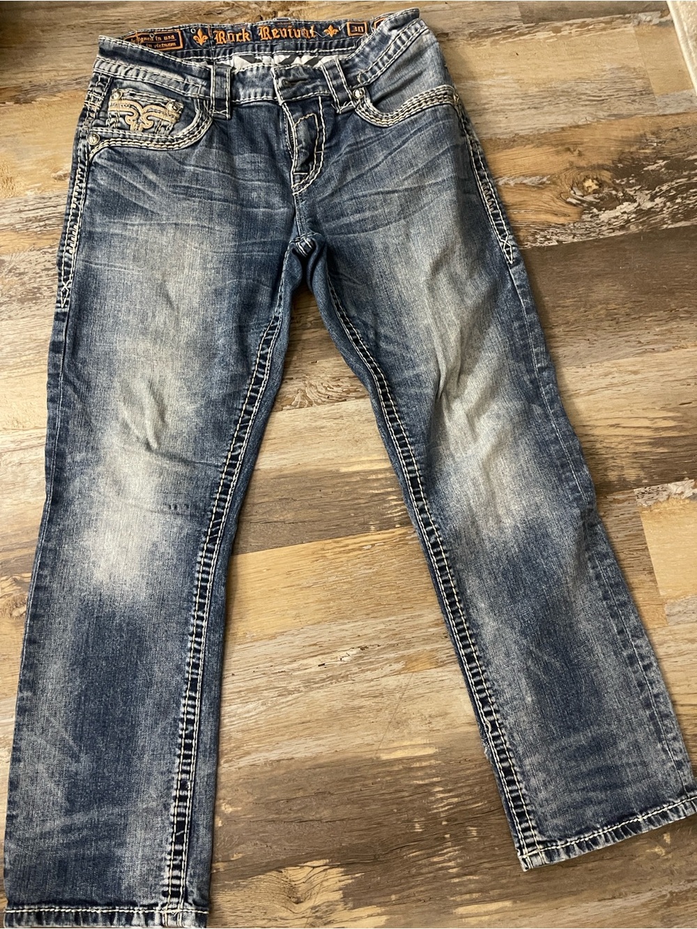 Rock Revival Men's Faded Blue Straight-Leg Jeans with Embroidered Pockets